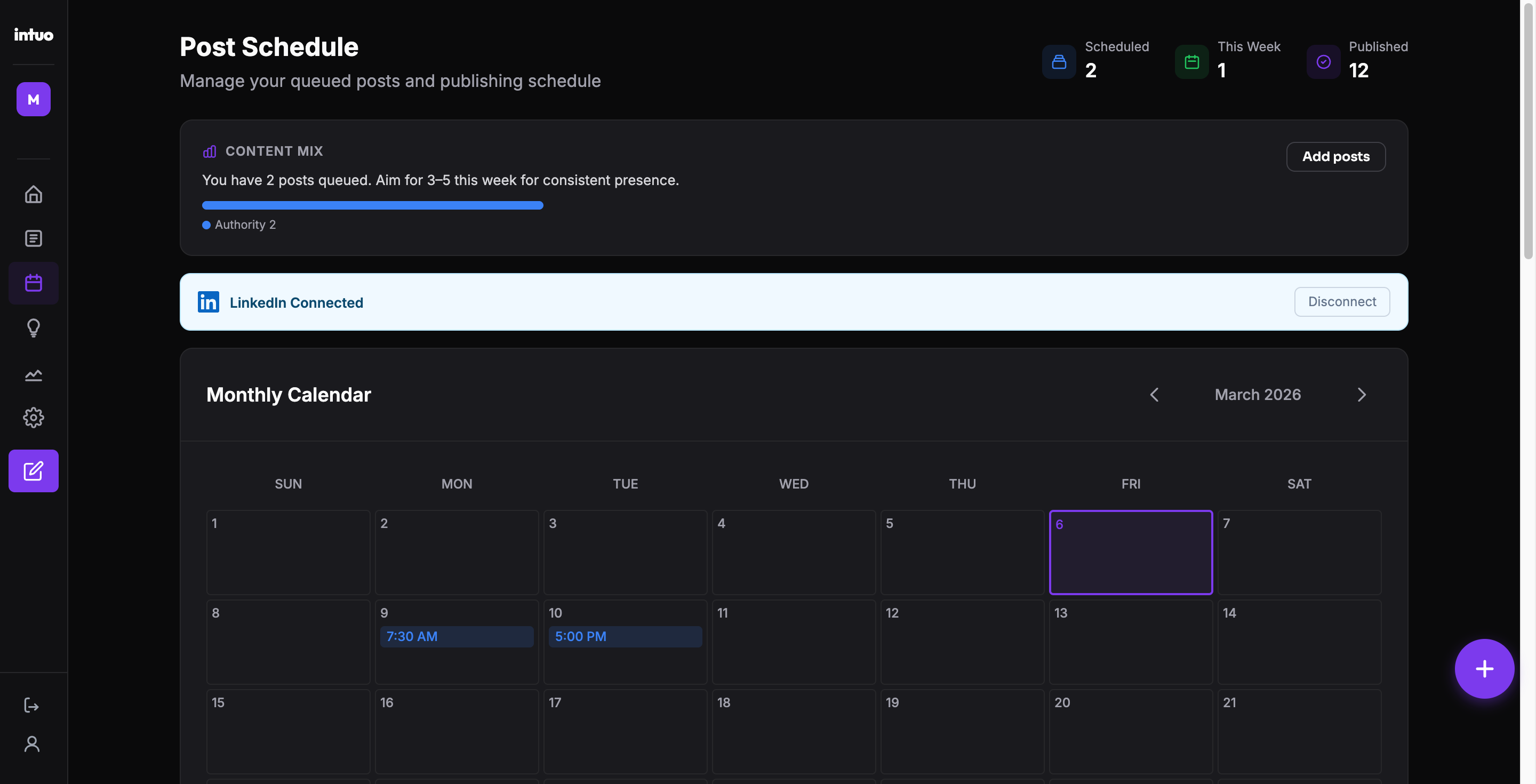 intuo dashboard — monthly calendar view with scheduled LinkedIn posts