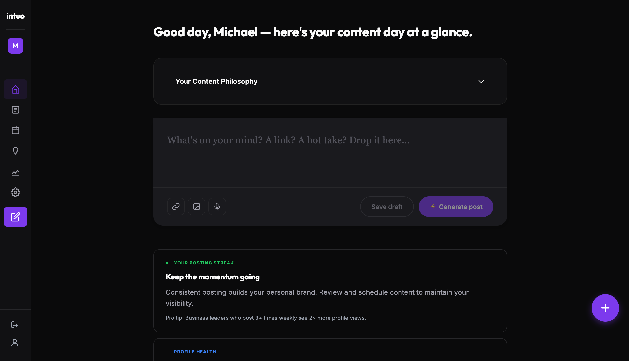 intuo dashboard showing content queue with AI-generated LinkedIn posts