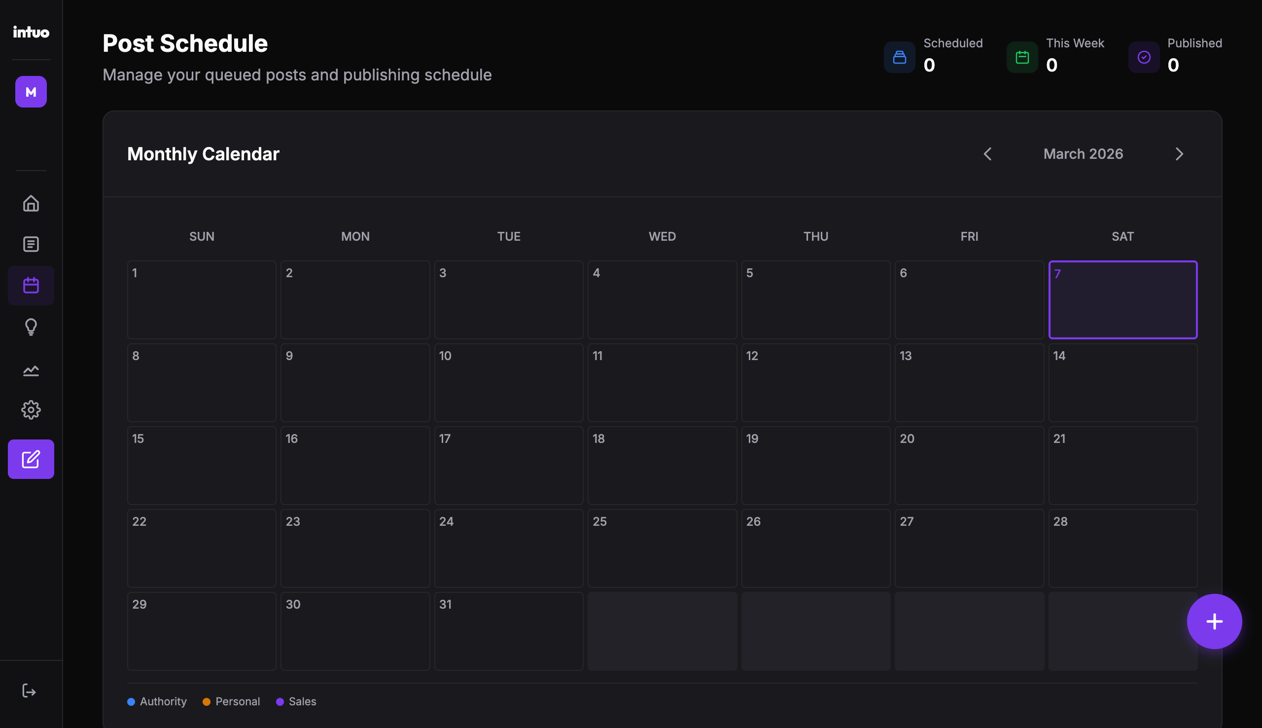 intuo scheduling calendar with monthly view of LinkedIn posts