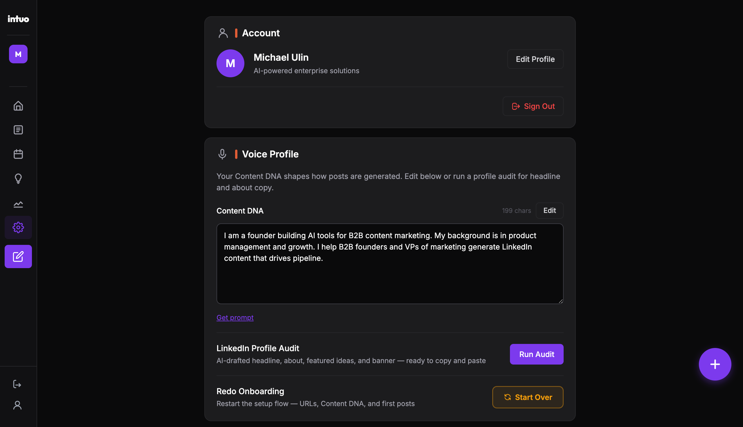 intuo settings showing voice profile and content DNA setup